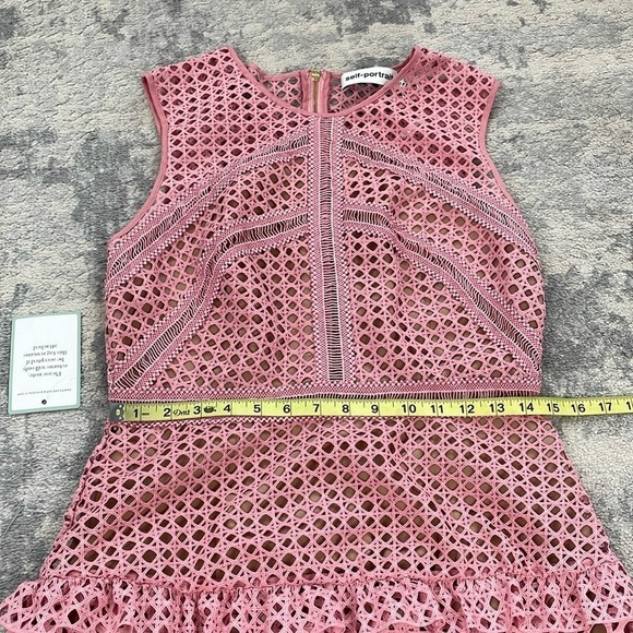NWT Self-Portrait Crosshatch Frill Mini Dress Pink Guipure Lace Barbie Sz 8 - Picture 10 of 16